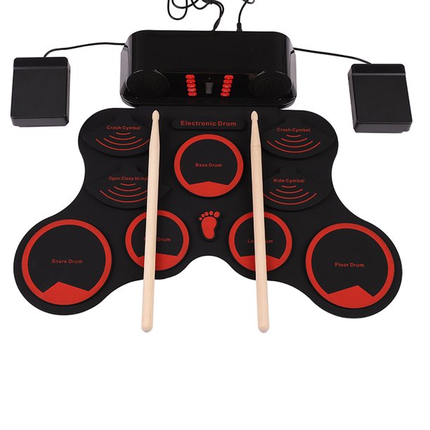 Portable Stereo Electronic Drum Roll Up Drum Kit 9 Silicon Pads with Drumsticks Pedals USB