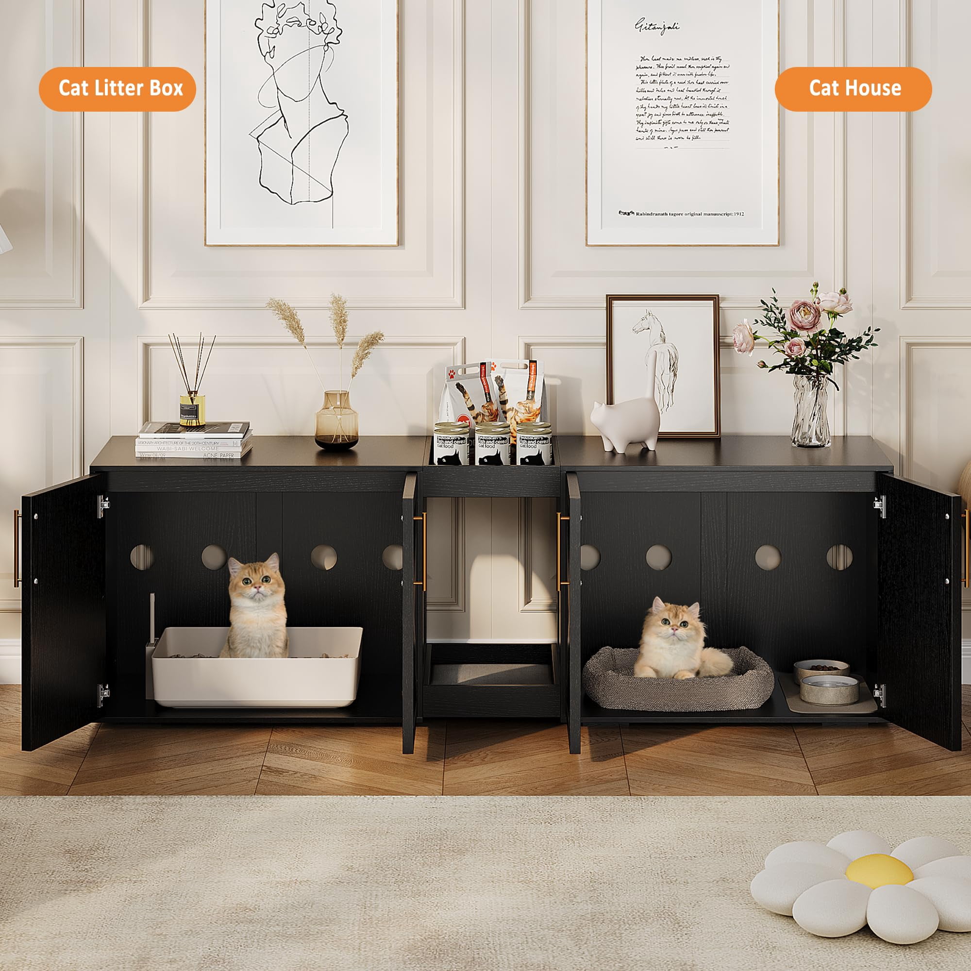 55" Large Cat Litter Box Enclosure for 2 Cats,Litter Box Enclosure with Double Cage,Hidden Cat Litter Box Furniture with Double Room and Cushion,Wooden Kitty Litter Box Cabinet Furniture,Cat House