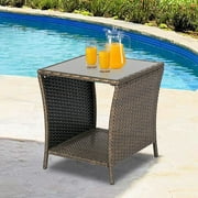 Kinbor Patio Wicker Side Table Outdoor Square Tempered Glass Top with Storage, Brown