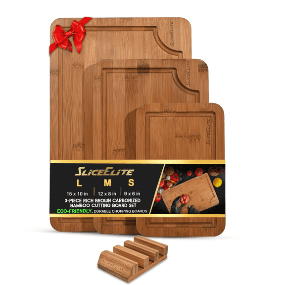 SliceElite Rich Brown Carbonized Bamboo Cutting Board Set 3 Piece Kitchen Boards