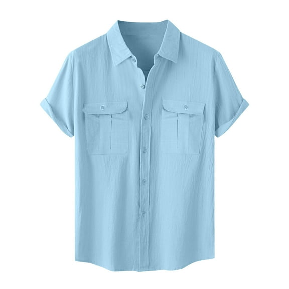 Men Shirts Casual Men'S Fashion Vacation Color Cotton Linen Double Pocket Casual Shirts Short Sleeves Men Casual Shirts