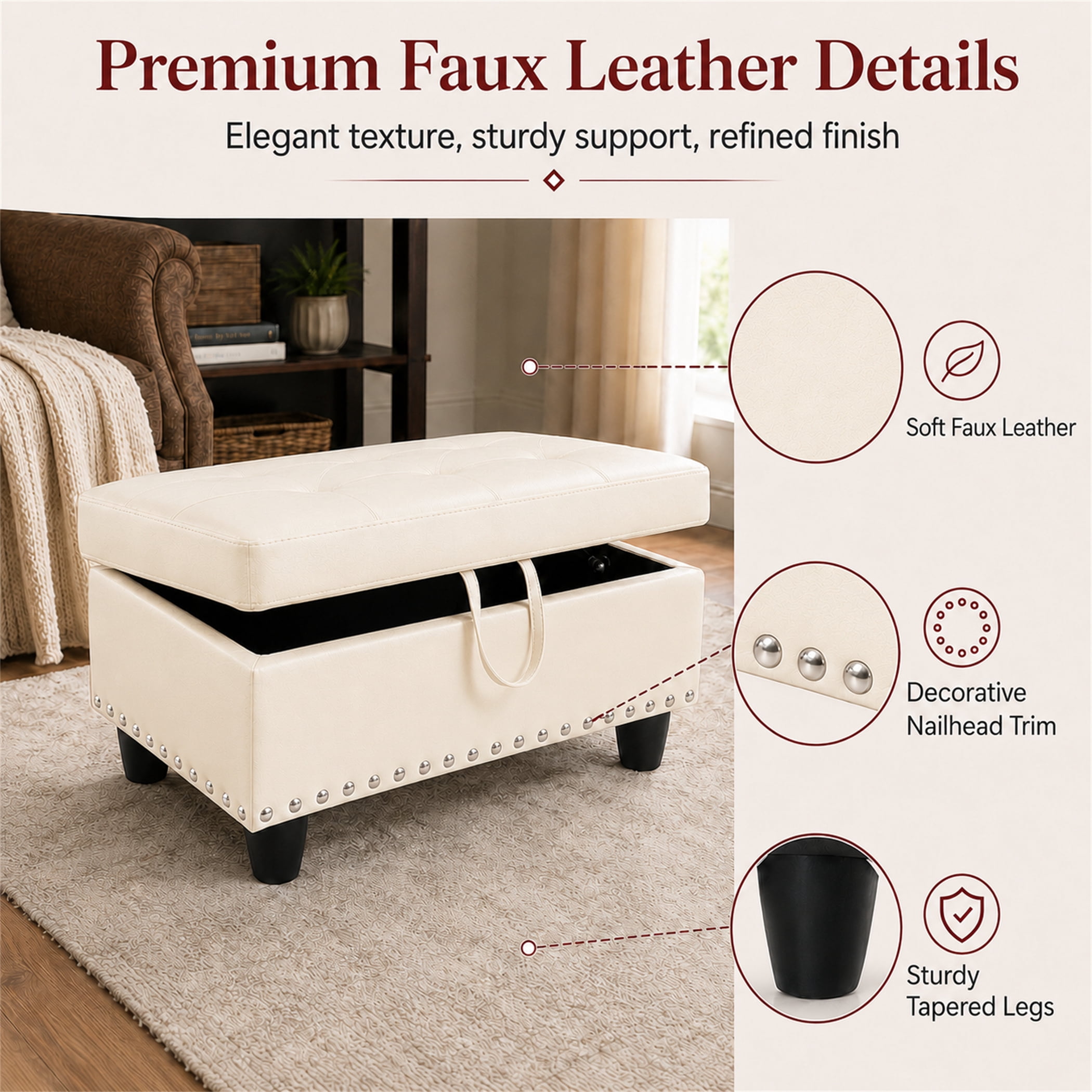 Aukfa 29" Storage Ottoman Bench for Sectional Sofa for Home Office, Nailhead Trim&Lift Top, Leather, White