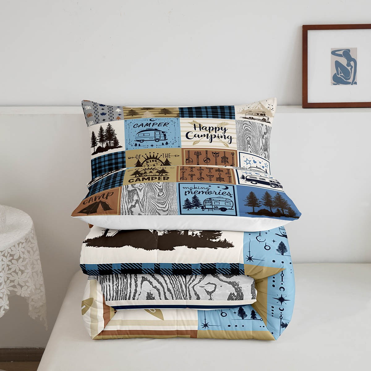 Happy Camping Bedding Set King Rv Camper Comforter Set For Travel Trailers Bunks,Patchwork Rustic Buffalo Plaid Pine Trees Camper Car Decor Quilt Rv Accessories For Inside Duvet 3 Pcs