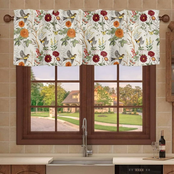 Kitchen Valance 54x18in, Retro Rustic Colorful Wildflower Light Filtering Rod Pocket Valances for Windows, Bird Garden Floral Herbfor Bedroom Bathroom Home Decoration