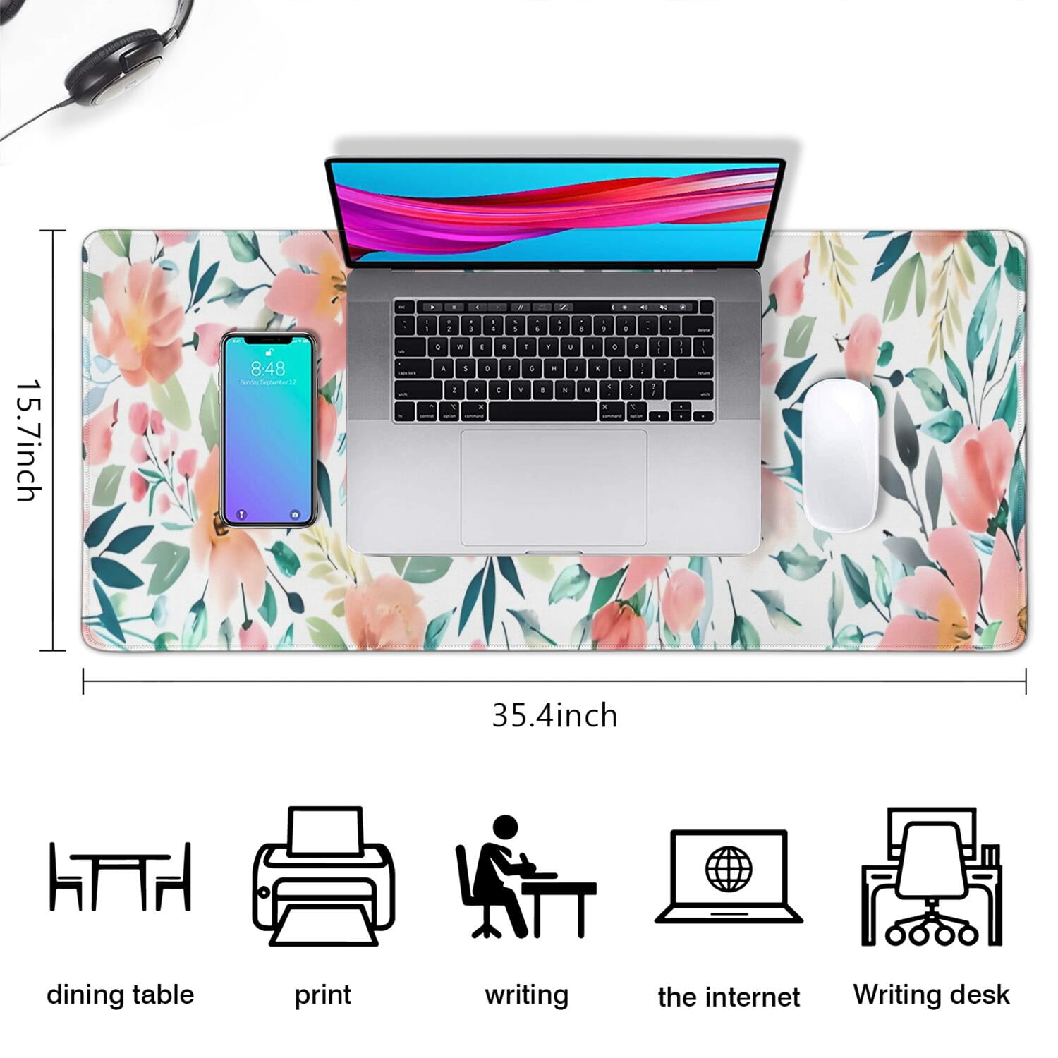 Long Mouse Pads for Desk,Pioneer Flower Floral Print Pattern Desk Mats on Top Of Desks, Desk Mouse Pad Extra Large with 3mm Non-Slip Base and Stitched Edge for Gaming,Office,Work,Home 35.4"x15.7"