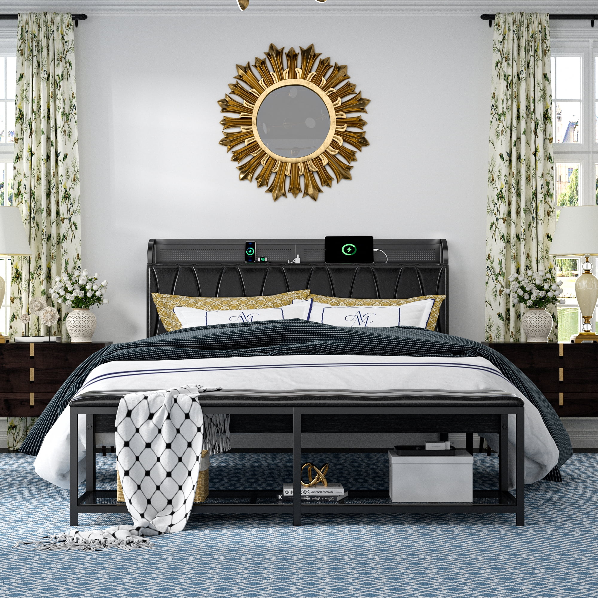 VECELO 2-Piece Bedroom Sets, Queen Size Bed Frame with Storage Bench, Leather Bedframe with Charging Stations, Black