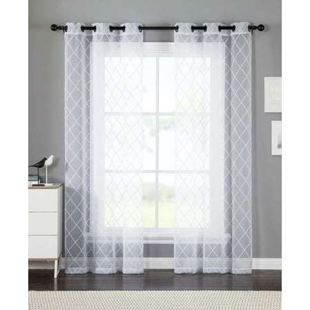 Set Of Two 2 White Sheer Window Curtains White Embroidered
