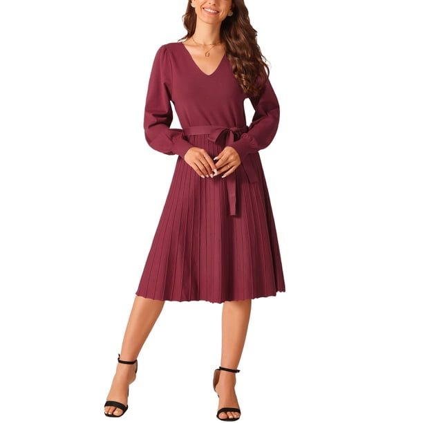 Vestido de punto A-Line con cuello en V y cintura atada para mujer INSPIRE CHIC, de manga larga, plisado, color rojo vino, talla XL