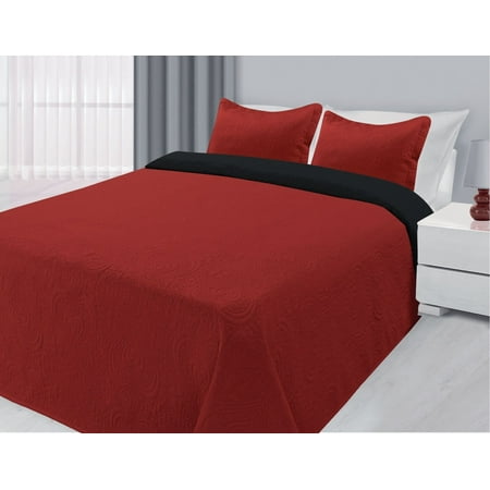 3 Piece Reversible Quilted Bedspread Coverlet Black Red King
