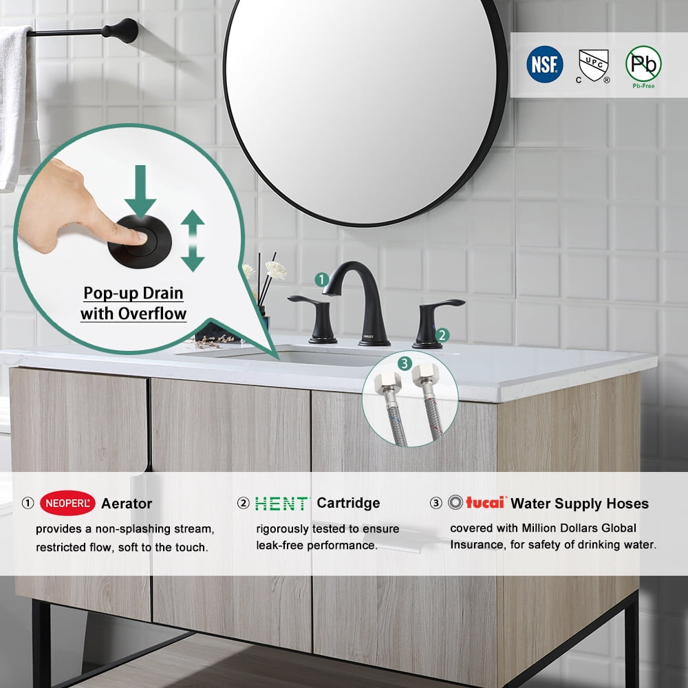PARLOS Widespread 2 Handles Bathroom Faucet with Metal Pop Up Sink Drain and cUPC Faucet Supply Lines, Matte Black