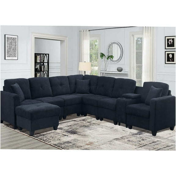 JERFIT 7-Seater Velvet Sectional Sofa Couch with Cup Holders, Dark Blue Fabric Upholstered Living Room Furniture