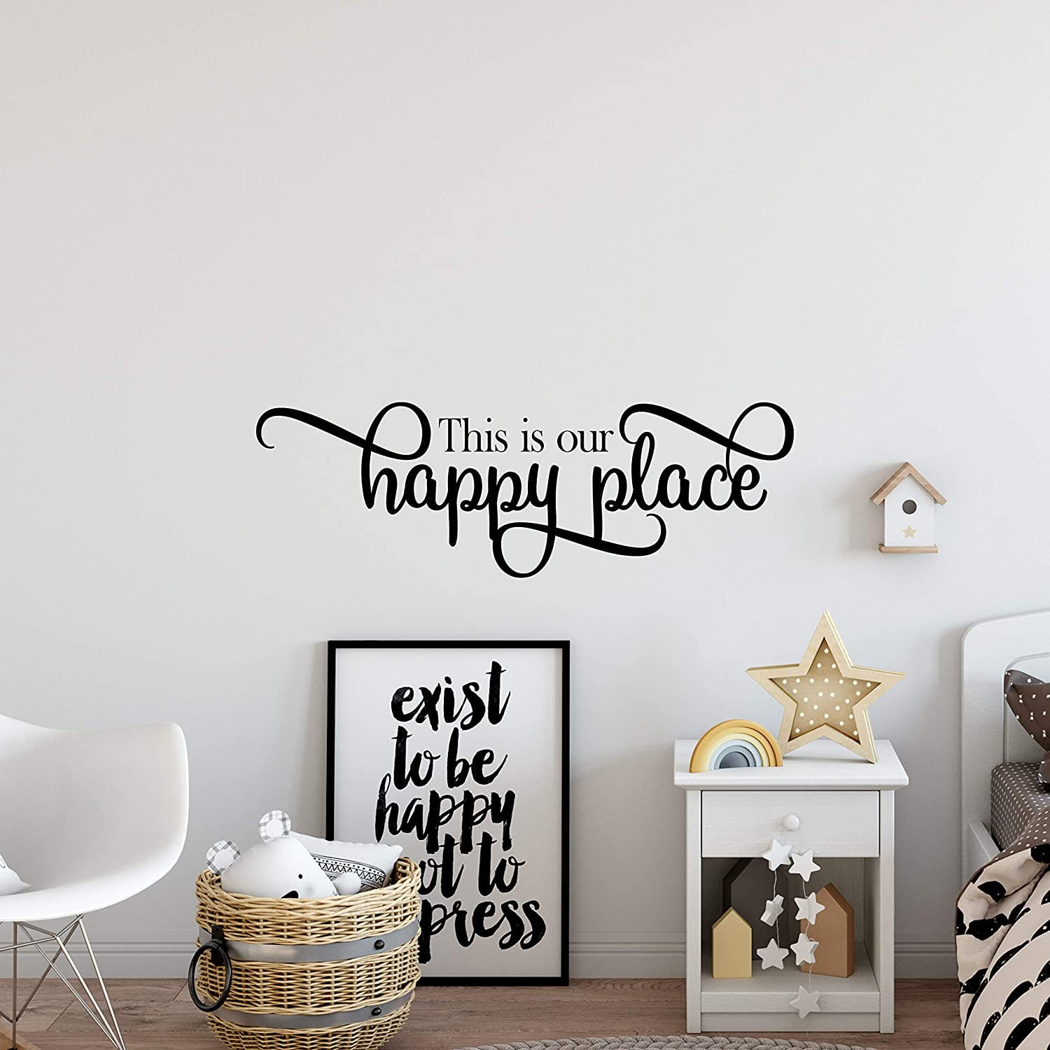 QTH Large This is Our Happy Place Wall Sticker Dining Room Wall Decal for Living Room Family Decor Sign Quote Wall Art Vinyl Wall Decal Kitchen Bed Room Words and Saying Rustic Farmhouse