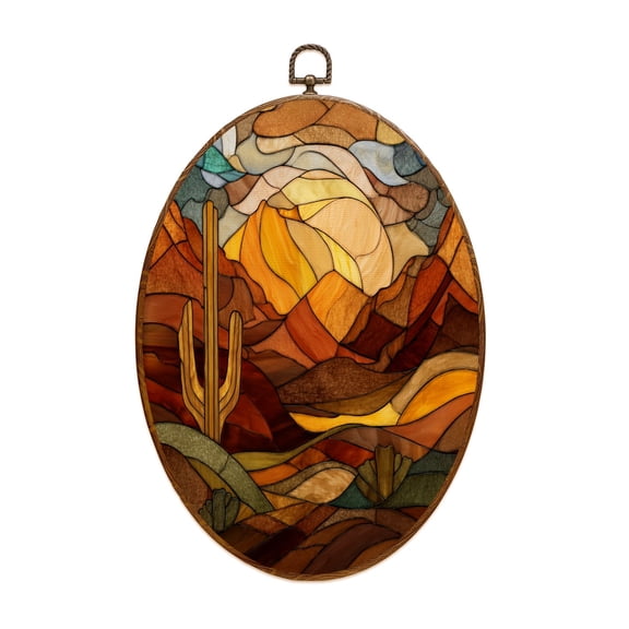 Canvas Wall Art Western Desert Stained Glass texured Cactus Sunset Design Oval Framed Canvas Prints Vintage Wall Hanging Decor for Home Decorations 8.6"x11.4"
