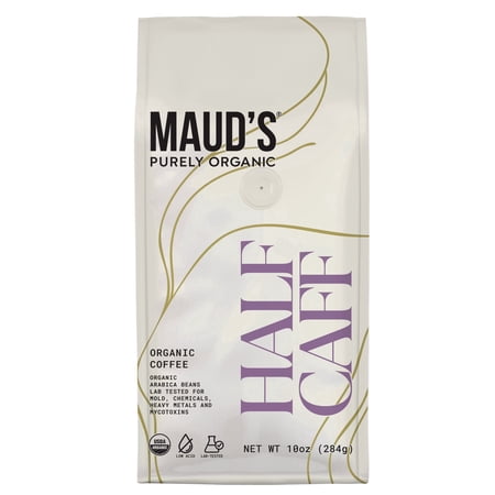 Maud's Purely Organic Low Acid Half Caff Medium Roast Ground Coffee - Swiss Water Process - 10oz | Lab tested for Mold, Mycotoxins, Heavy Metals & Pesticides
