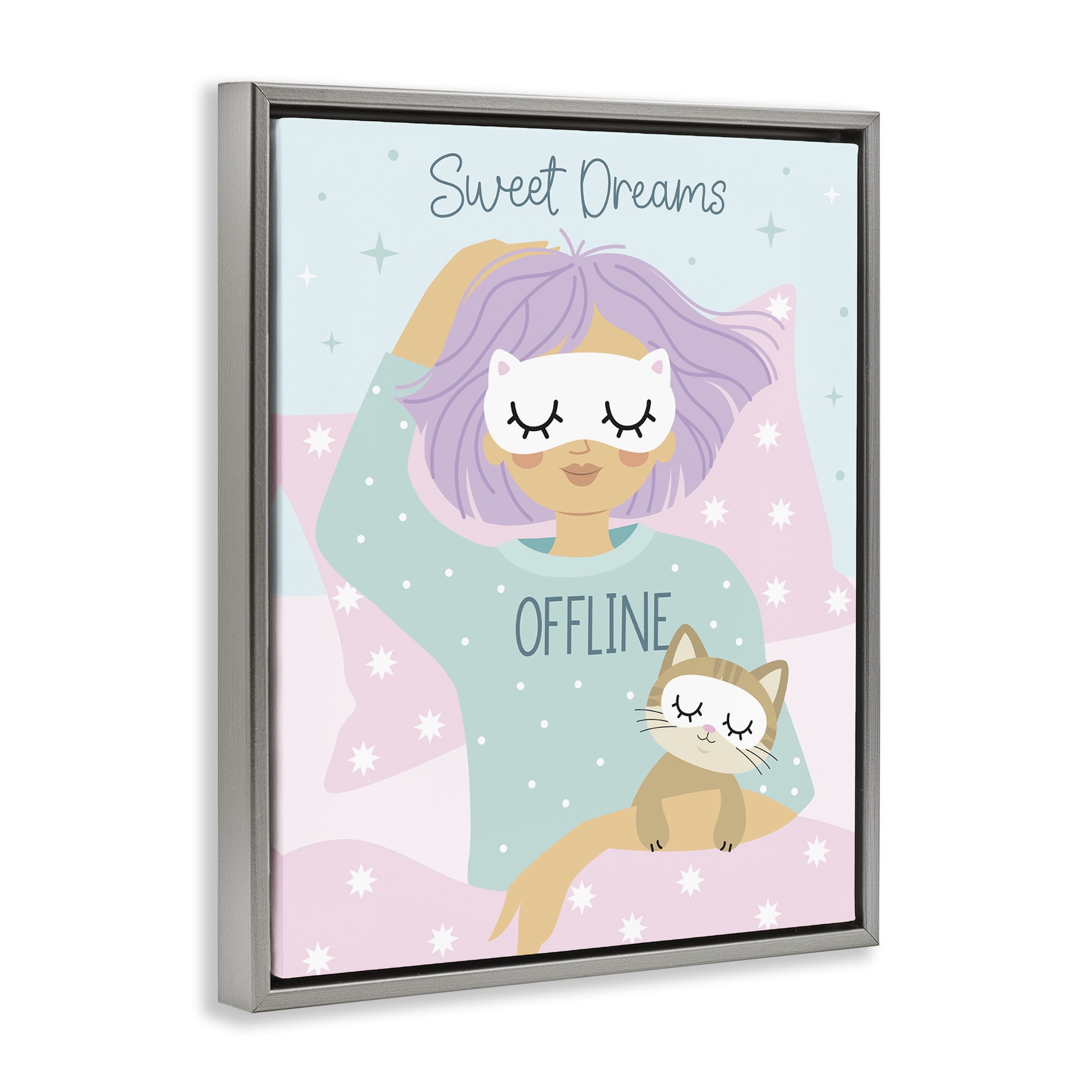 Stupell Industries Sweet Dreams Girl & Cat People Painting Gray Floater Framed Canvas Art Print Wall Art, 17 x 21