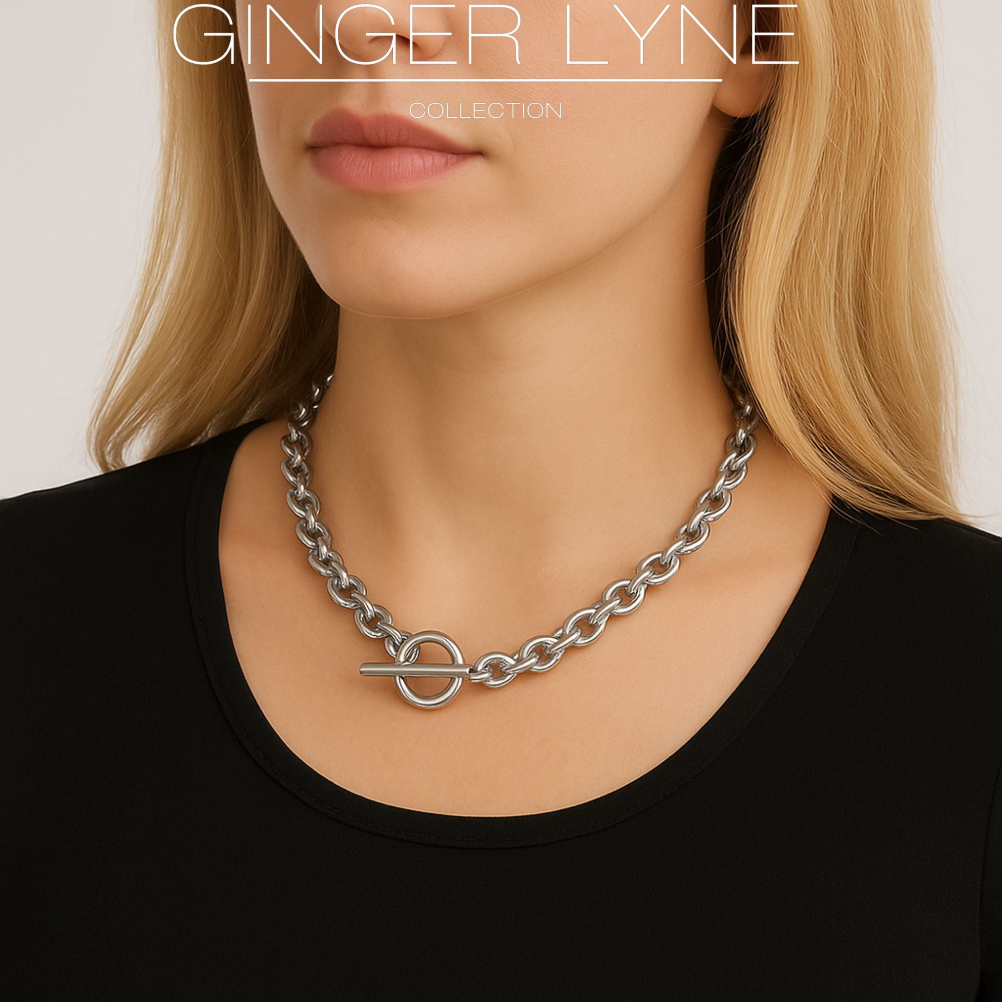 Oval Link Toggle Necklace for Women Heavy Weight 14KT Gold Plated Stainless Steel 18"Ginger Lyne Collection