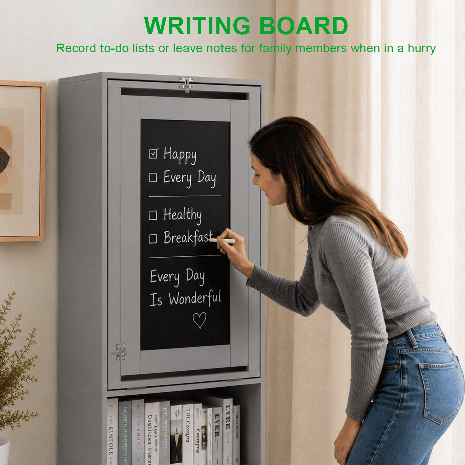 Folding Desk with Storage, Foldable Convertible Writing table with Blackboard and Shelves, Fold-Out Cabinet Table for Small Spaces/Home Office/Craft Room (Grey)
