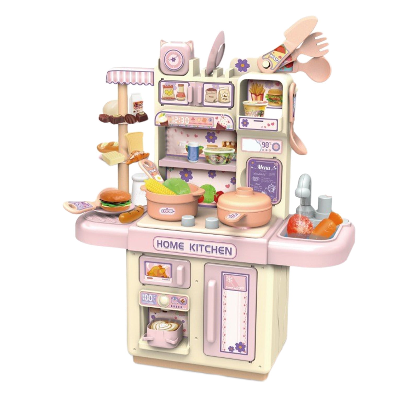 Pink Kids Cooking Set With Light-Up Hobs And Steam Function, 33-Piece Play Food And Utensils, Inspires Imaginative Kitchen Play