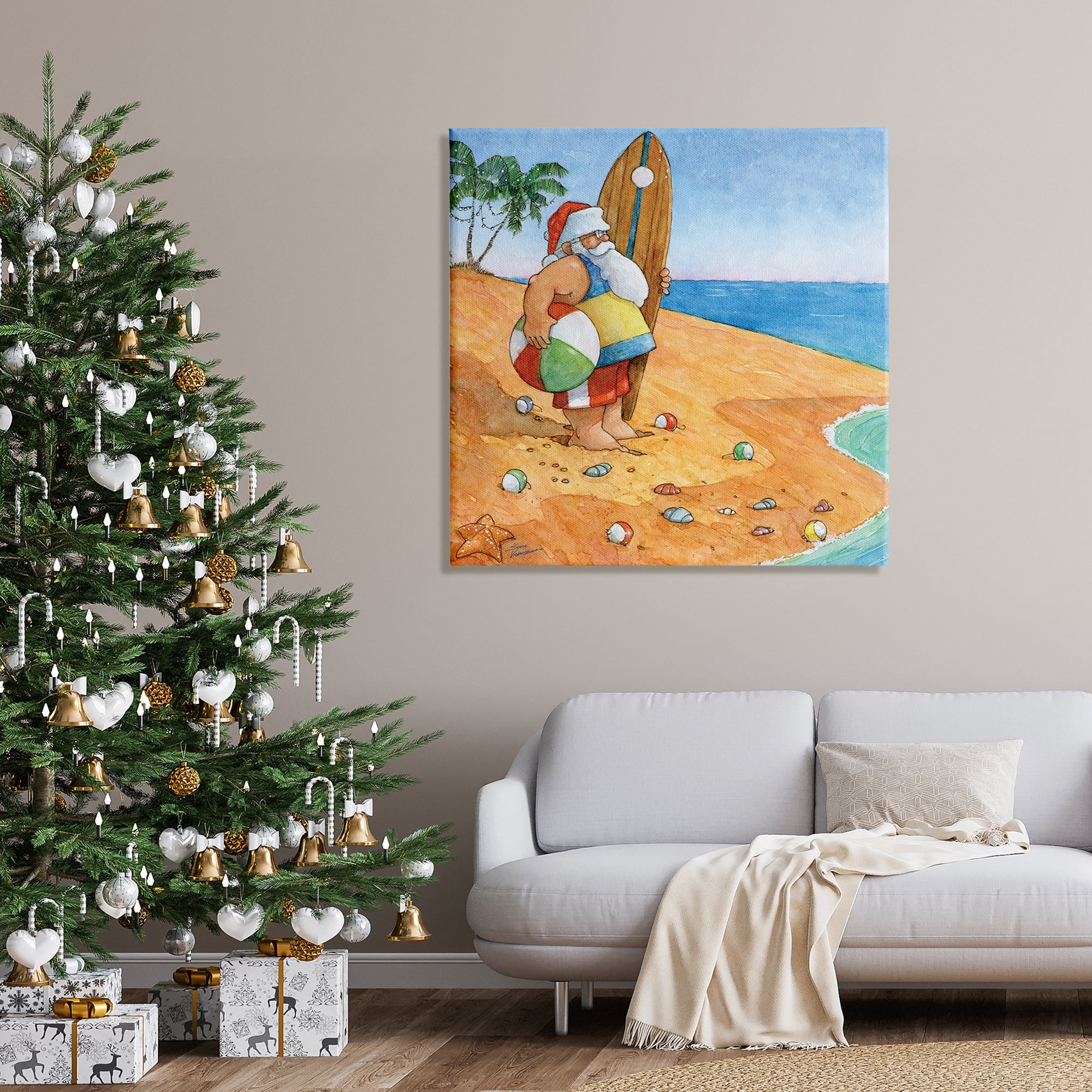 Santa Claus On Beach Surf Board Tropical Christmas Holiday Painting Gallery-Wrapped Canvas Print Wall Art