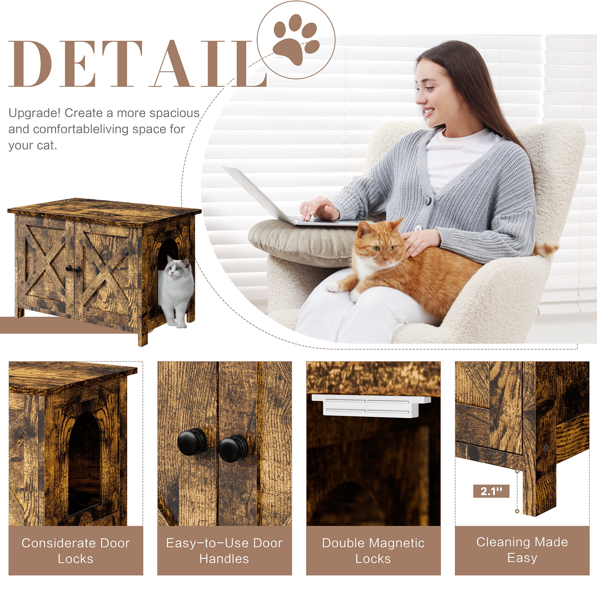 Walsunny Hidden Cat Litter Box Cat Washroom with Double Removable doors and Divider Indoor for Living Room Brown