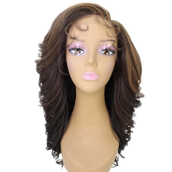 LUXLUXE Nia Wavy Glamour 20 in Long T Part Lace Front Wig, Heat Resistant Fibers, Dip Dyed, & Caramel Brown Blended Colors