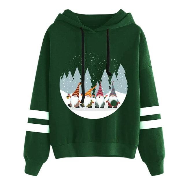 Chandail en Molleton de Noël pour Femmes à Capuche Cardigan Chaud Mignon Imprimé Pull Contrasté Blouse Col Rond Veste de Mode Mi-Longue