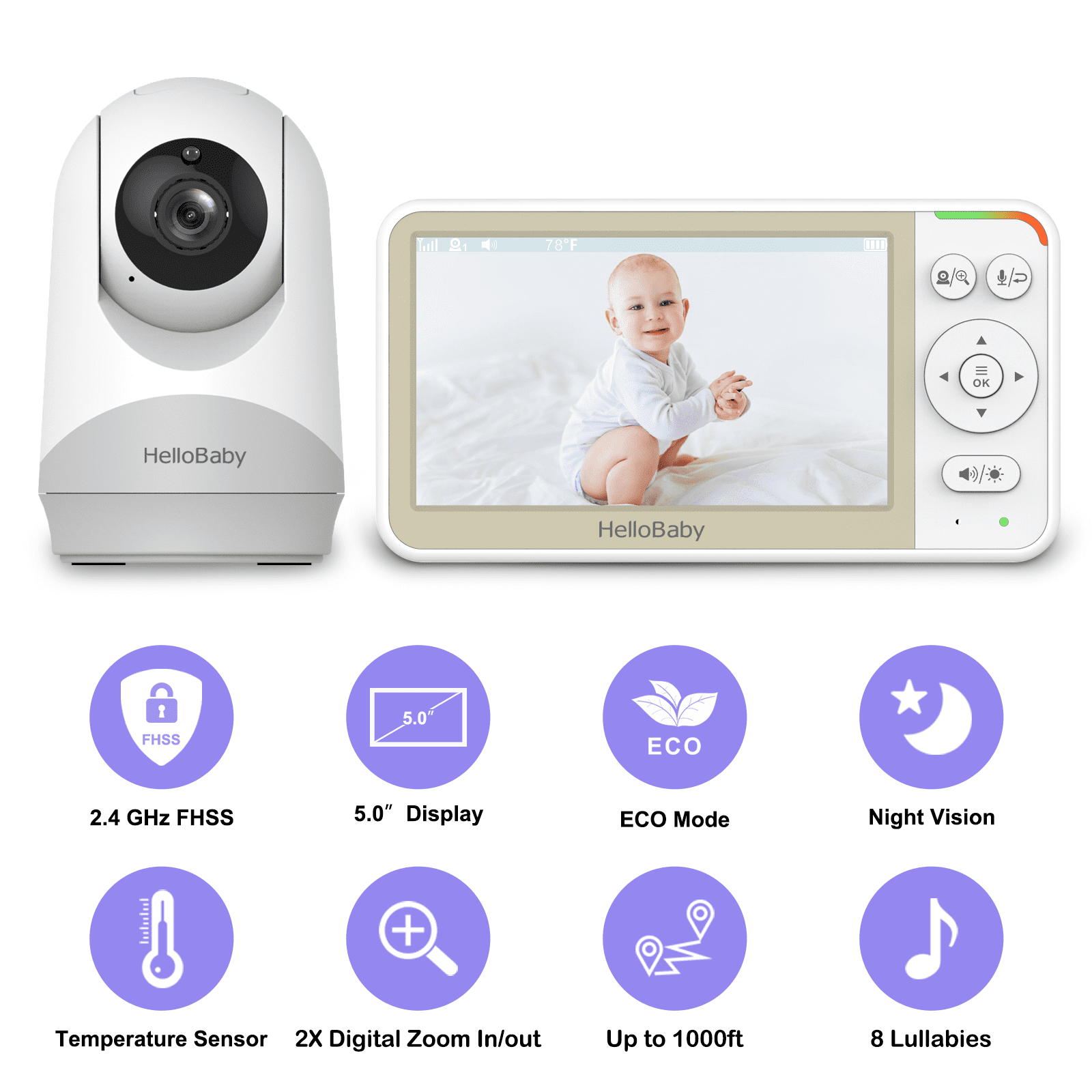 HelloBaby Video Baby Monitor-HB6256 with Remote Pan-Tilt and Zoom, 1000ft Long Range, No WiFi, 5.0" LCD, Night Vision, Lullabies, and Two-Way Audio