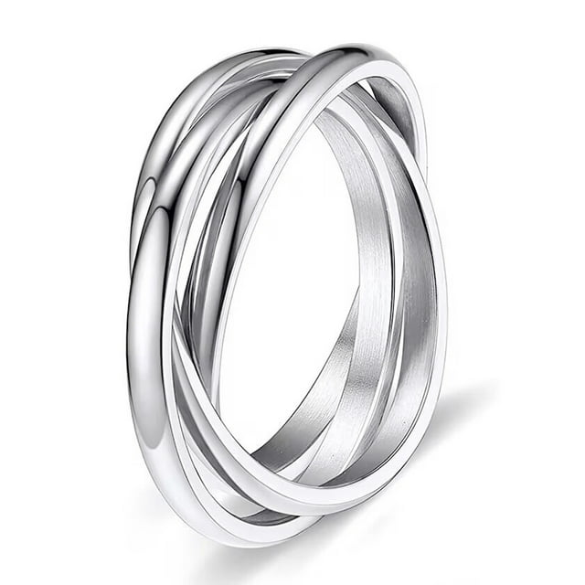 Anillos de triple banda entrelazados para mujeres y niñas, acero inoxidable, plata, boda rusa, tamaño 6 a 9
