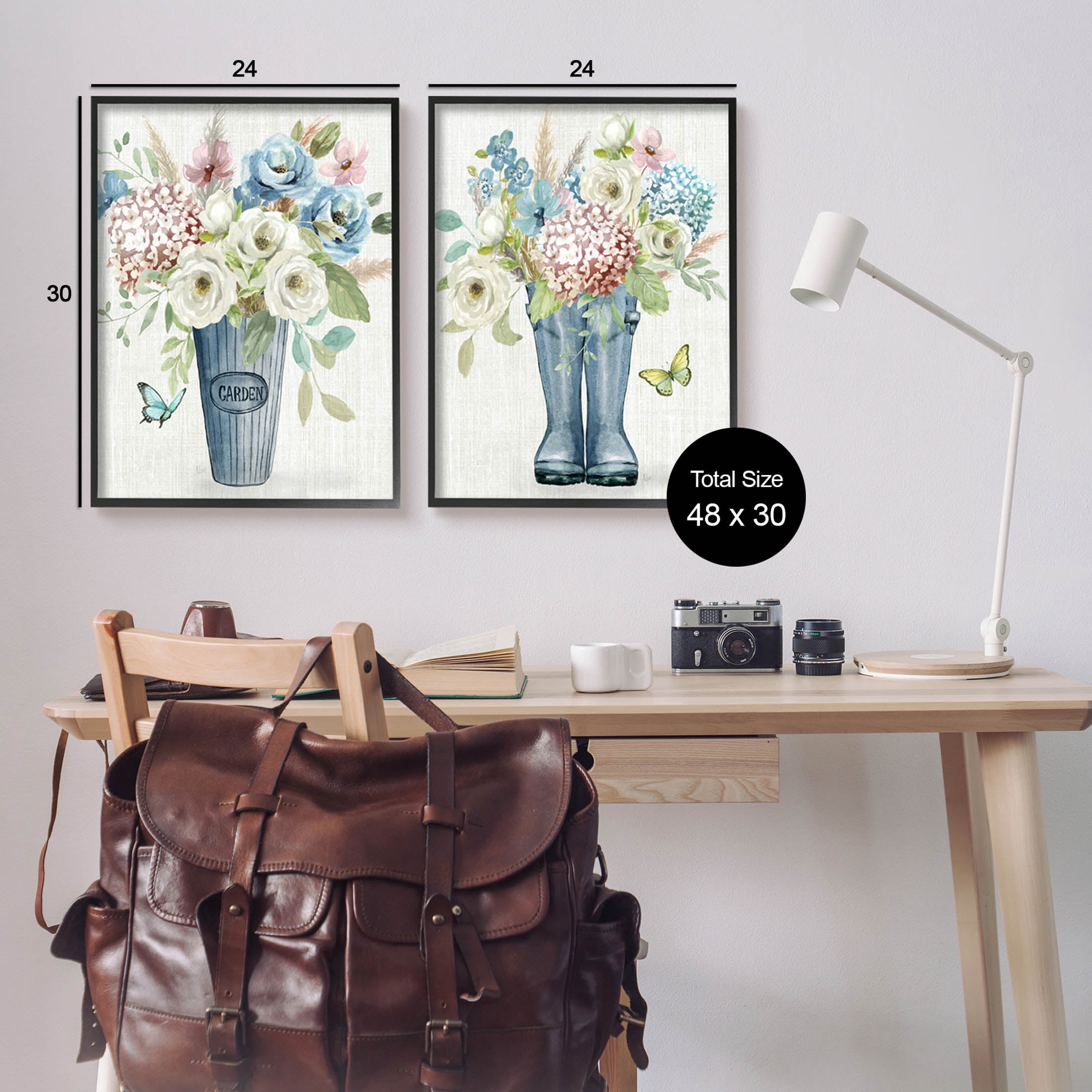 Country Garden Bouquets Rain Boots Botanical & Floral Graphic Art Black Framed Art Print Wall Art, Set of 2