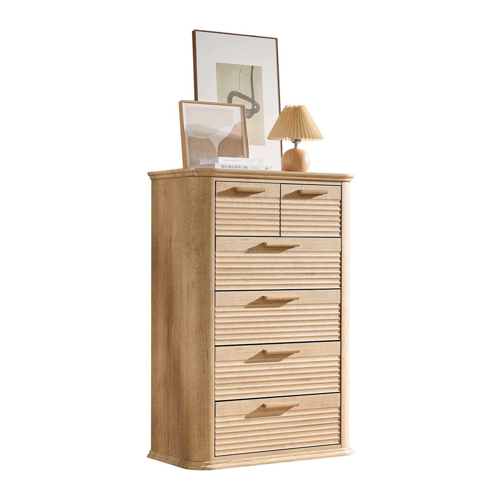 Hommoo 6 Drawers Dresser Storage Organizer, Modern 45" Tall Dresser with Curved Profile Design, Wood Fluted Drawer Chest for Living Room, Oak