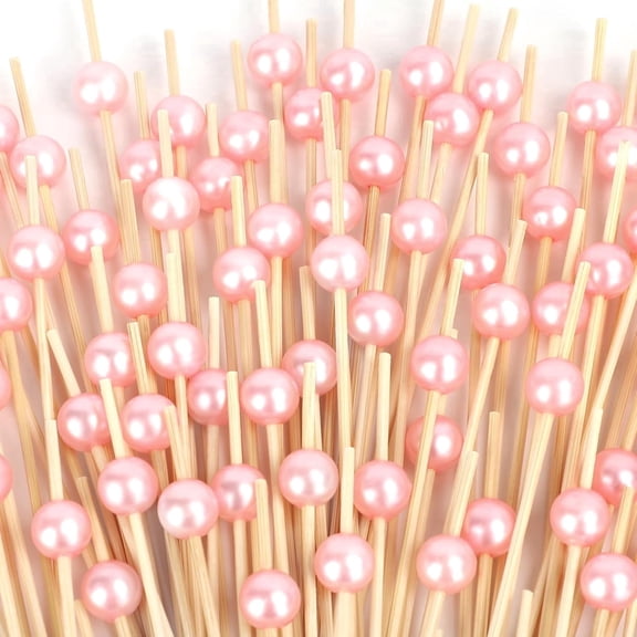 200ct Pink Pearl Cocktail Picks, 4.7" Bamboo Toothpicks for Appetizers & Charcuterie, Fancy Decorative Skewers for Girl Baby Shower, Wedding, Party