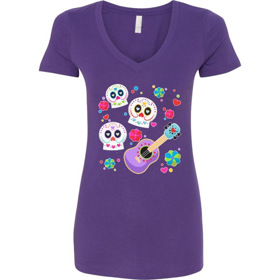Inktastic Day of the Dead Owl Sugar Skulls and Guitar Women's V-Neck T-Shirt