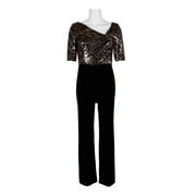 Adrianna Papell Asymmetrical Neck Short Sleeve ZIpper Back Embellished Mesh Bodice Velvet Jumpsuit-BLACK ROSEGOLD / 16