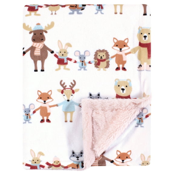 Hudson Baby Infant Girl Plush Blanket with Furry Binding and Back, Girl Winter Woodland Friends, One Size