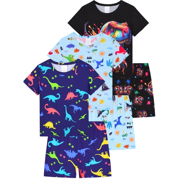 QEFJNO 3-12Y Kids Boys Pajamas Set 2 PCS Short Sleeve Top and Shorts Pants for Toddler Boys Dinosaur Pjs Summer
