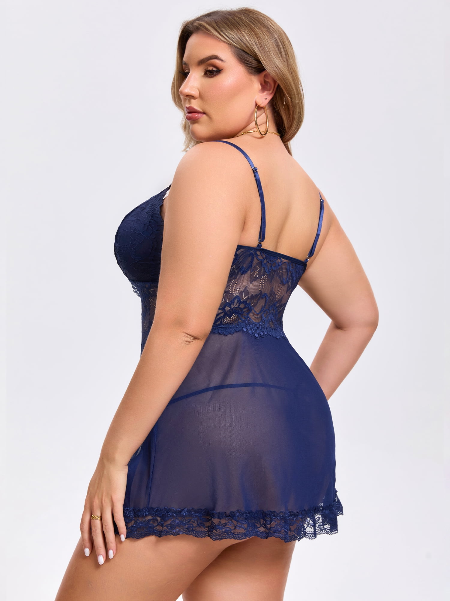DARING DIVA Women's Plus Size Lingerie Lace V Neck Mesh See Through Chemise 2XL Blue