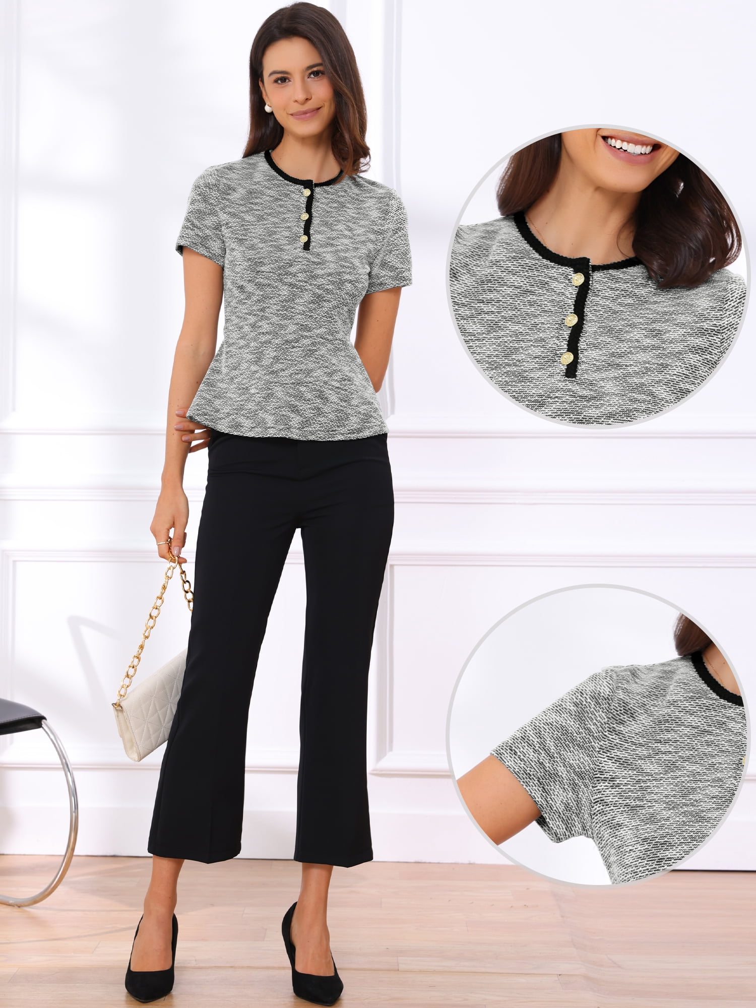DARING DIVA Women's Elegant Plaid Crew Neck Short Sleeve Peplum Blouse L Black