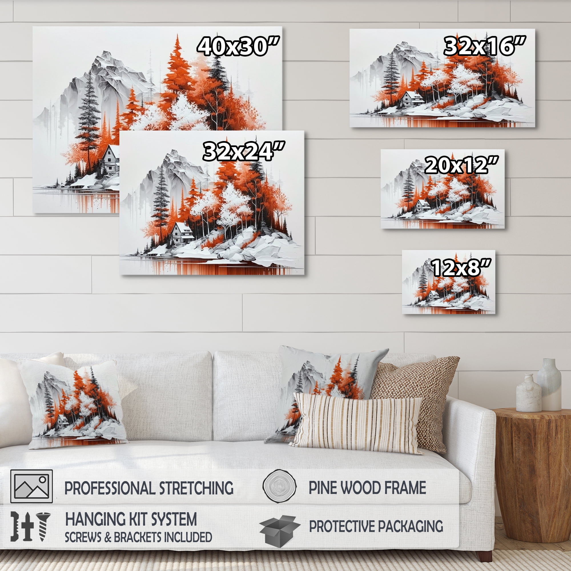 Designart Monochrome Orange Cottage In Winter XII Canvas Wall Art