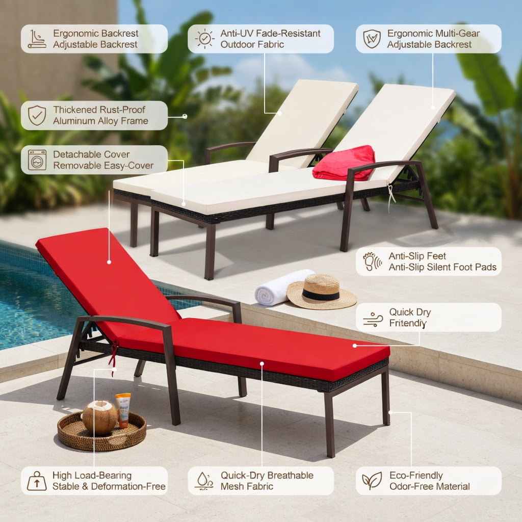 Hommoo 2-Pack Outdoor Rattan Reclining Chaise Lounge Chairs with Removable Cushions, 5-Position Adjustable Backrest for Patio, Deck or Poolside, Red