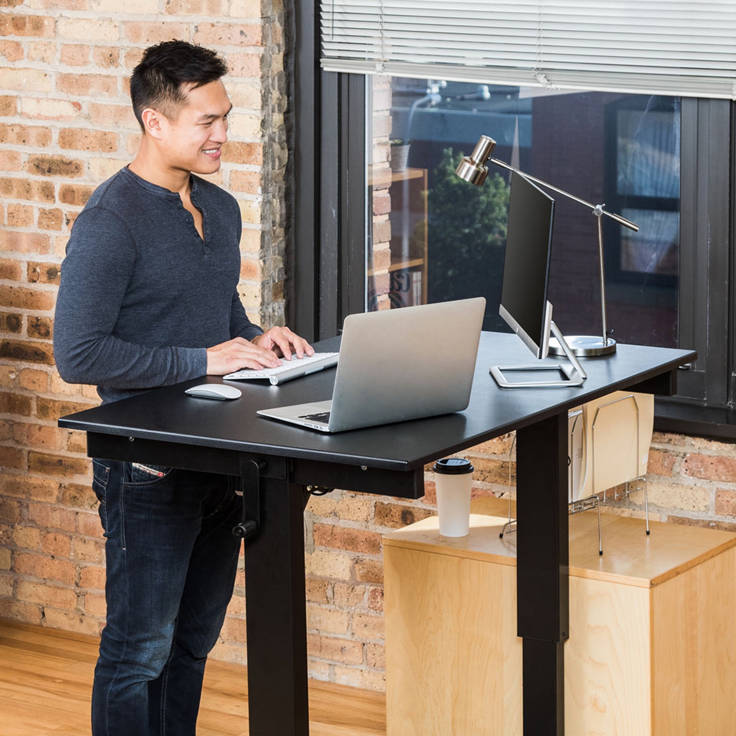 Stand Up Desk Store Crank Adjustable Height Rolling Standing Desk (Black Frame/Matte Black Top, 48" Wide)