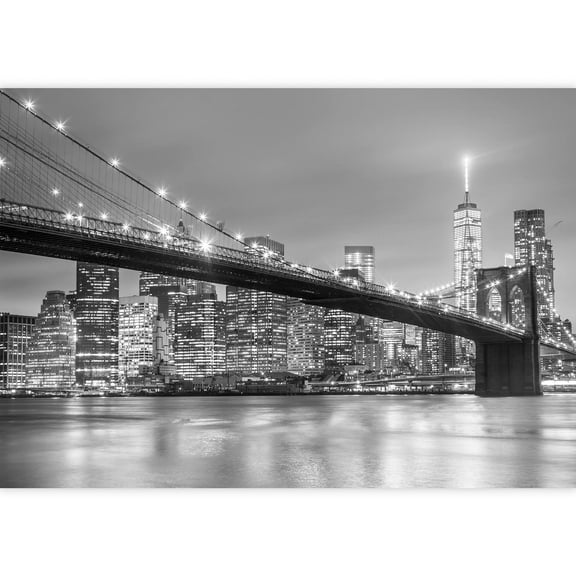 wall26 - Brooklyn Bridge and New York City Manhattan Downtown Skyline at Dusk with Skyscrapers - Removable Wall Mural | Self-Adhesive Large Wallpaper - 66x96 inches