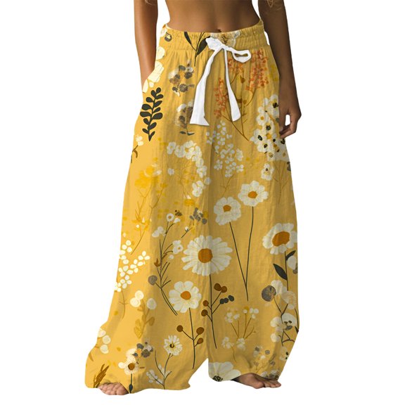 kaondbfi Women's Wide Leg Printed Pants Casual Elastic Waist Trousers Lightweight Summer Bottoms for Beach Vacation Loose Fit Pants with Pockets