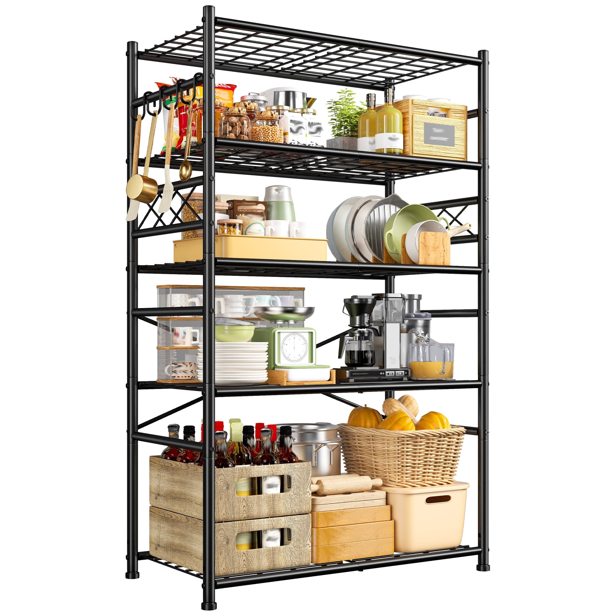 REIBII 5-Tier Shelving Unit Metal Storage Shelves With Side Rails & Hooks ,36"W x 12"D x 72"H