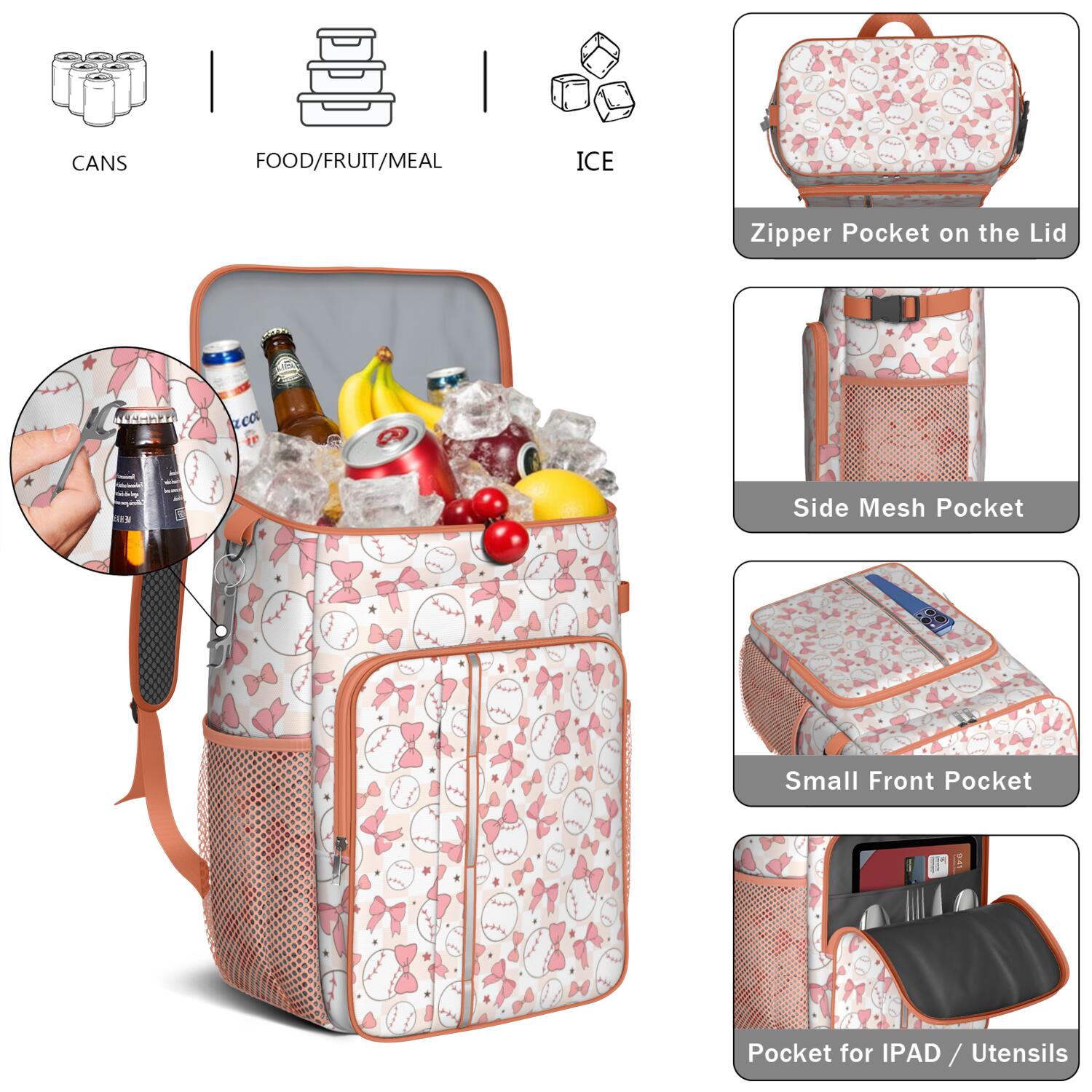 Travel Cooler Bag - Pink Baseballs with Bows Pattern Camping Beer Cooler Backpack with Bottle Opener- Waterproof Insulated Picnic Backpacks - Cooler Bag for Beach