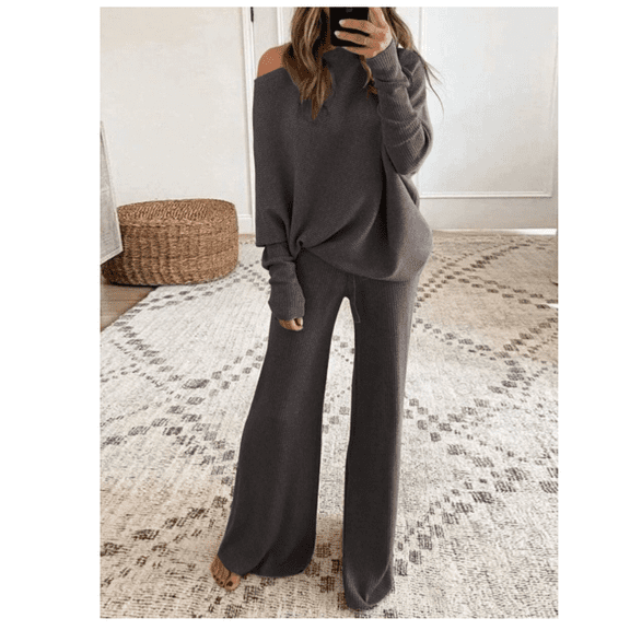Womens Knitted Outfits 2 Pieces Sweatsuit Off the Shoulder Sweater Wide Leg Pant Set