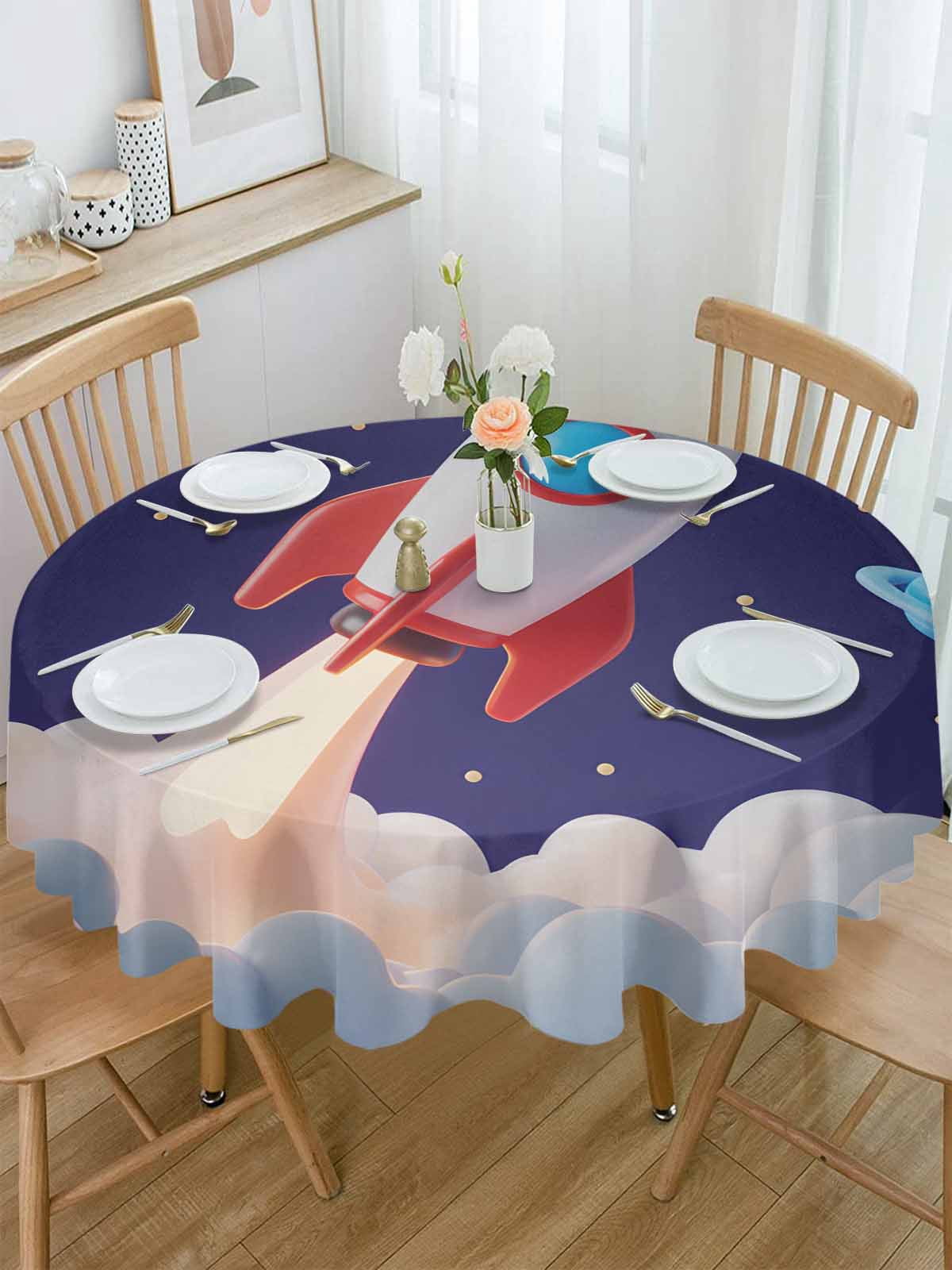 Round Tablecloth Cartoon Navy Blue Space Waterproof Oil Proof Polyester Table Cloth Cover Decor for Home Dining Outdoor,Patio,Parties, 54" Dia. Red 3D Rocket Yellow Stars