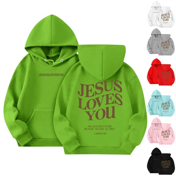Boys Girl's Christian Graphic Hoodie Letter Jesus Loves You Hoodies for Kids Faith Religious Hooded Sweatshirts Pullover Tops Green 9-10 Years