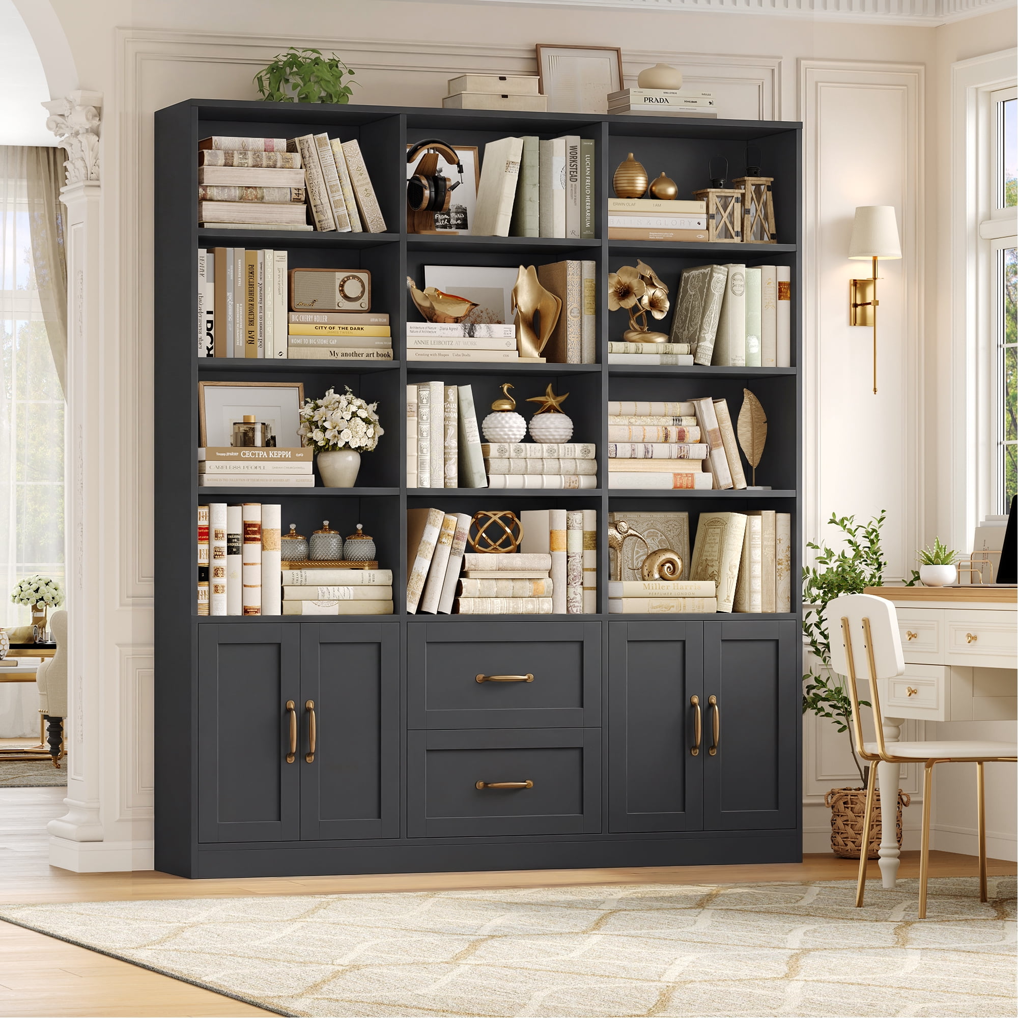 Hiphuta 71" Tall Triple Row 4-Tier Bookcase with 12 Open Cubes, 59" Wide Extra Large Display Bookshelf with 4 Doors and 2 Drawers, for Office Living Room, Black