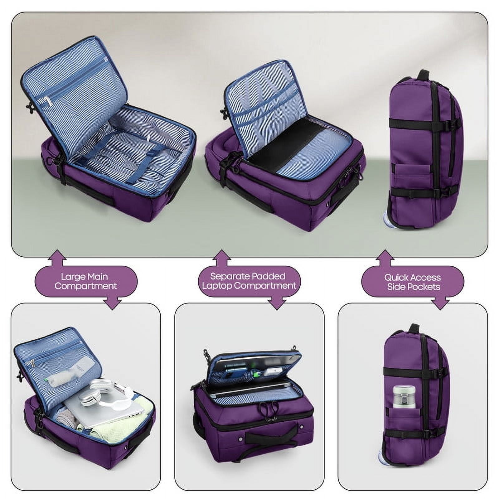17" Underseat Carry On Luggage Airplane Approved,Water Resistant Softside Rolling Suitcase Lightweight Personal Item Travel Bag,Purple - TA069