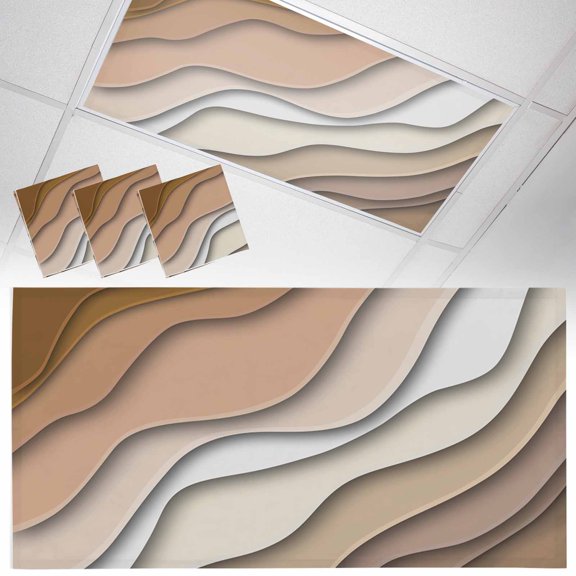 Ceiling Light Cover for Classroom, Brown Beach Coastal Magnetic Fluorescent Light Covers Filter for School,Office, 2X4  FT, Pack of 3, Abstract Geometric Ocean Waves